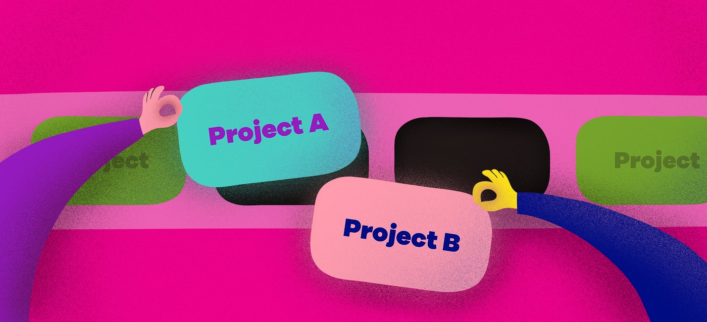 Illustration of two hands holding up potential projects to be inserted into a roadmap. One hand holds up “Project A” and the other holds up “Project B”.