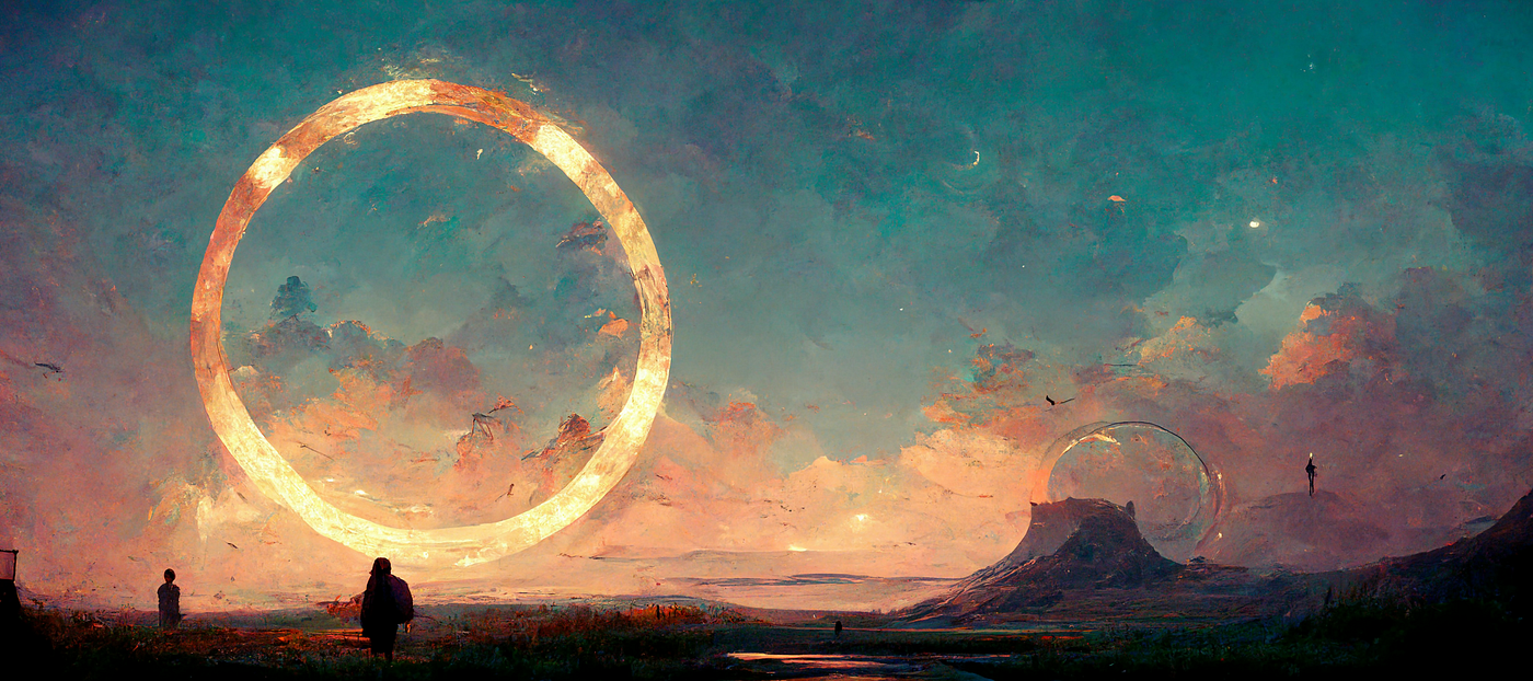 Sunset. A large ring of yellow light floats in the air above two silhouetted figures. A desert landscape stretches out to a towering sandstone butte. Behind it, is a circle of swirling cloud.