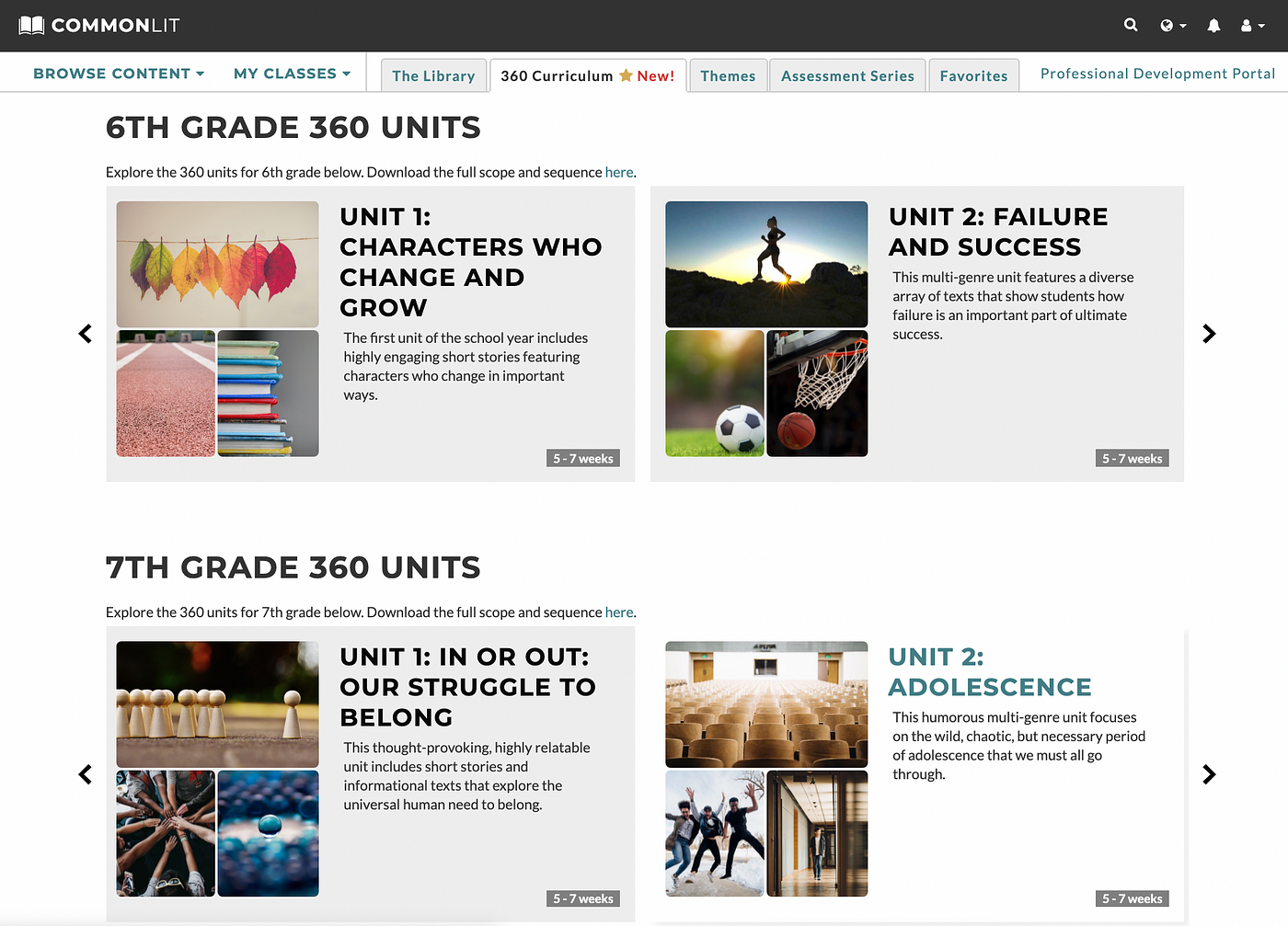 The units page on CommonLit.org shows two 6th grade units (Characters who Change and Grow and Failure and Success) and two 7th grade units (In Or Out: Our Struggle to Belong and Adolescence). Arrows indicate there are more units to explore.