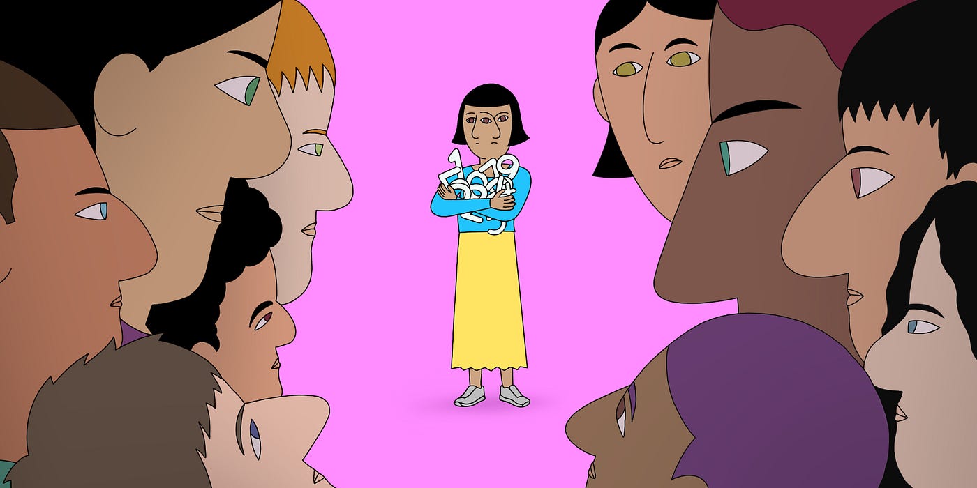An illustration of a woman holding numbers in her arms, as her coworkers surround and stare her down.