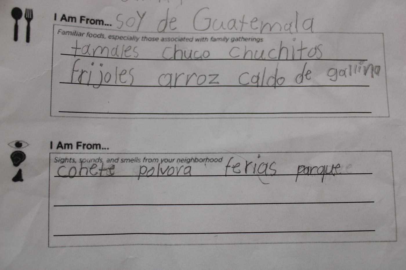 English Language Learners at Kakaiat STEAM Academy completed an assignment in their native language. A Spanish-speaking student listed their favorite foods and described the sights of their neighborhood. Photo Credit: Amaya McDonald