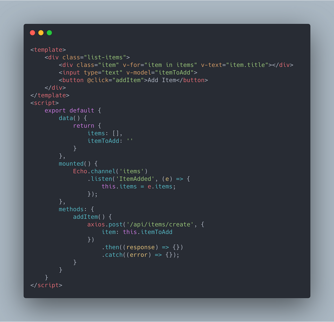 Code screenshot of an example Vue component with laravel-websockets