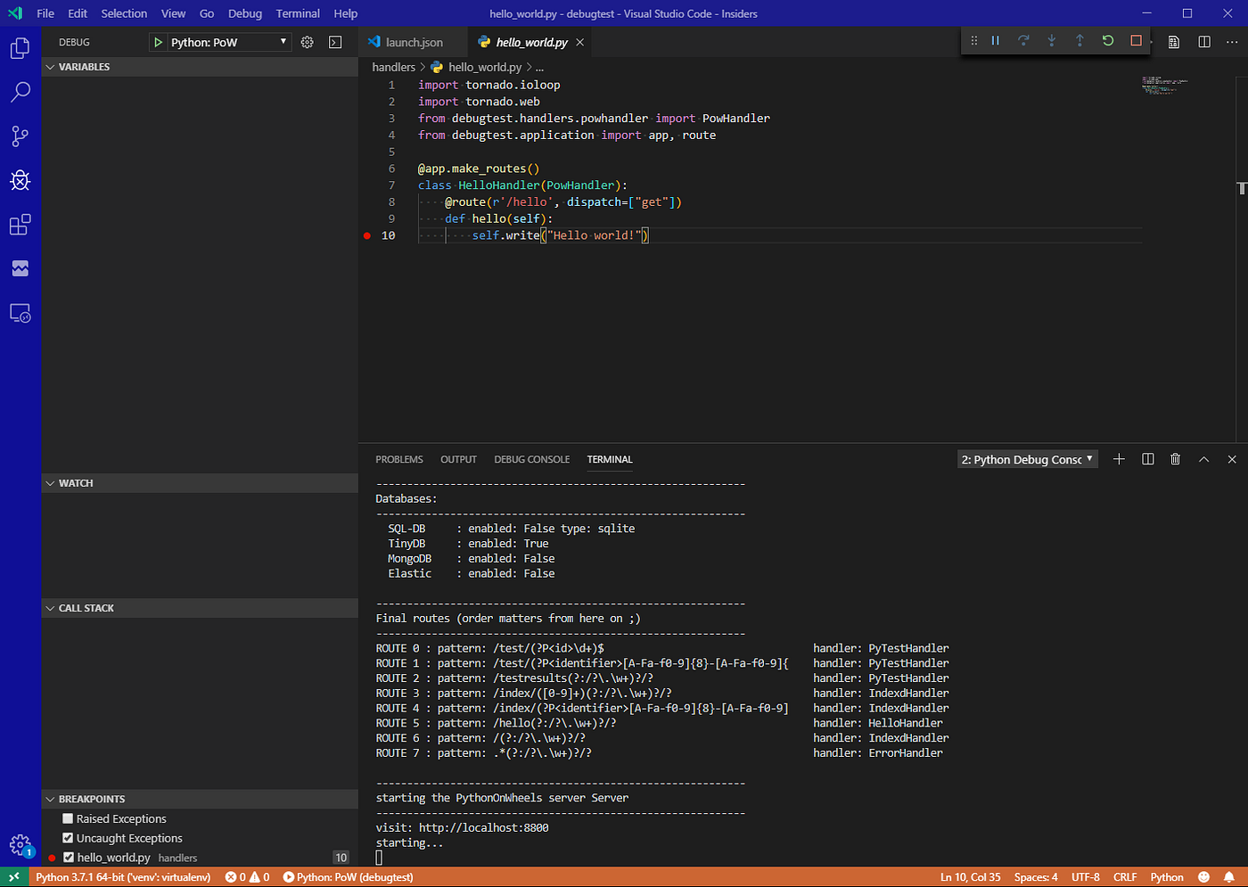 Debugging a Tornado/ PythonOnWheels web application with VSCode. | by Klaas  (khz) | Medium