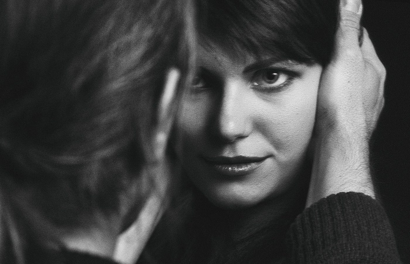 black and white portrait of a woman looking into another woman’s eyes, Lisa Gerard Braun, Medium