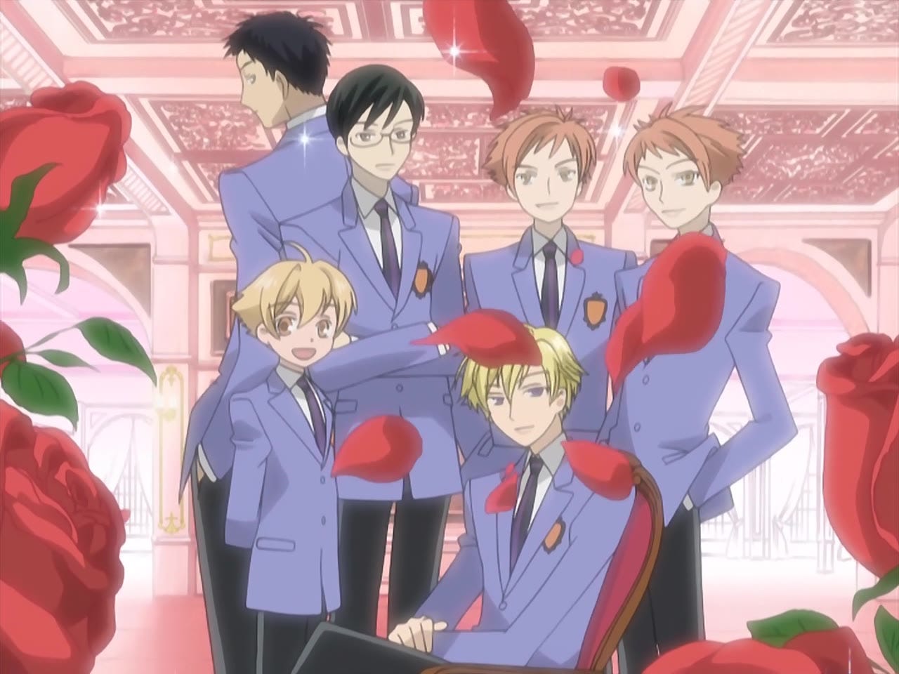 A screenshot from episode 1 of Ouran High School Host Club showing the main cast of characters surrounded by roses.