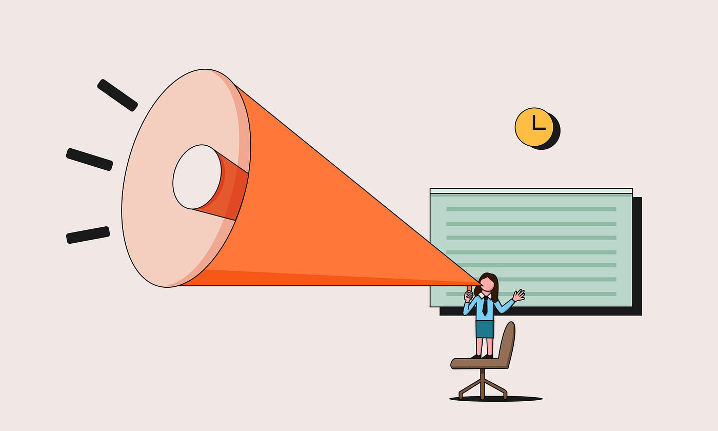 An illustration of a woman figure standing on an office chair, holding up a large megaphone and talking into it.