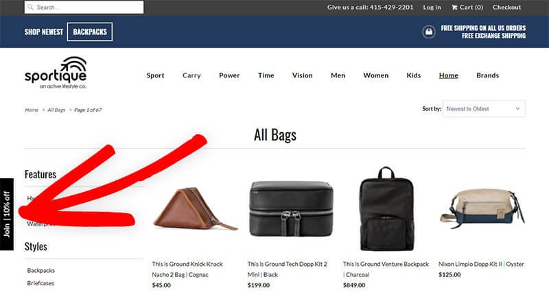 Snap of Sportique website showing “Join 10% off” as an example of 2-stap optin process