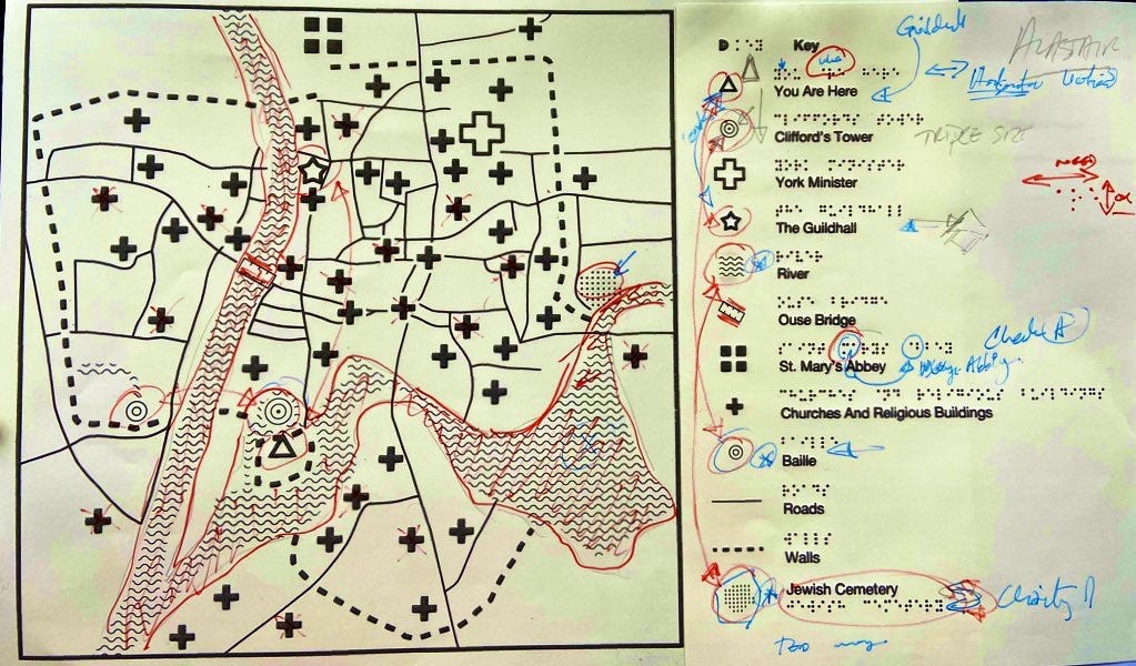 Tactile map on Swell Paper — lots of sketched notes from discussions with blind people about meanings and confusions