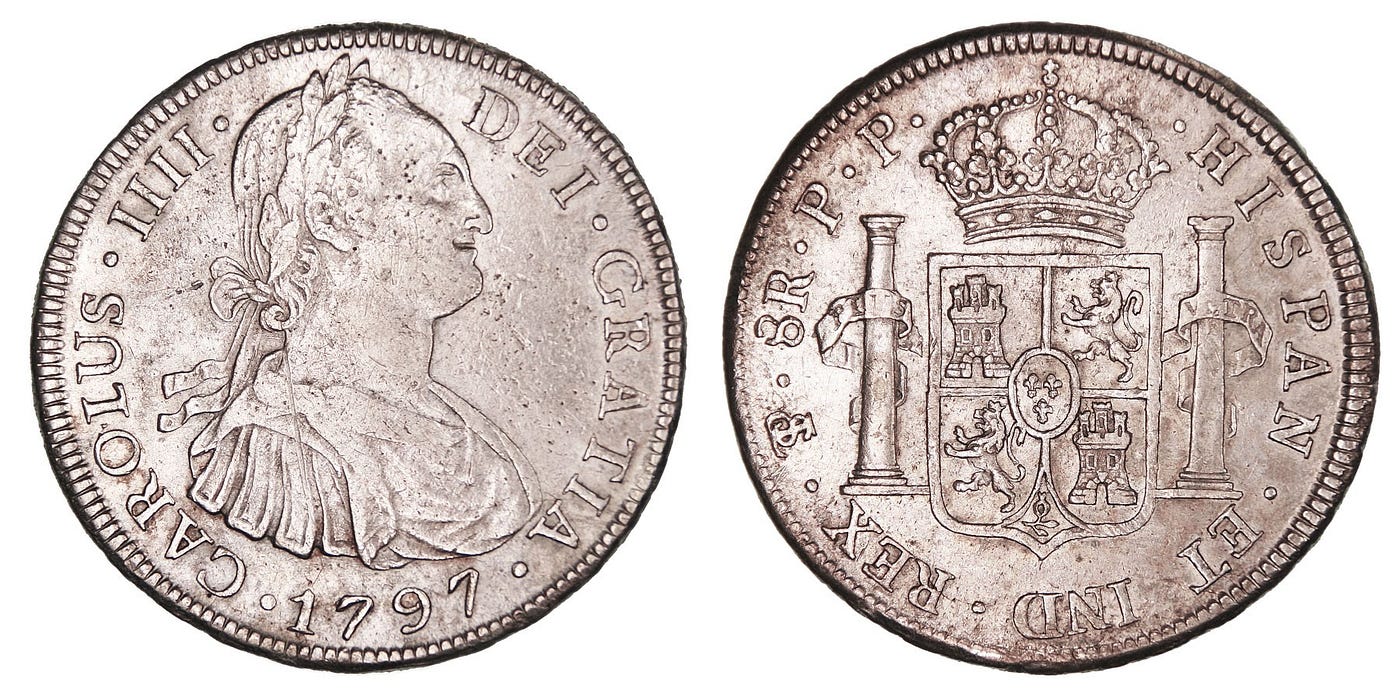 Monedas acuñadas en 1797 con plata extraída del Cerro Rico de Potosí. Figura la imagen del Rey Carlos IV.