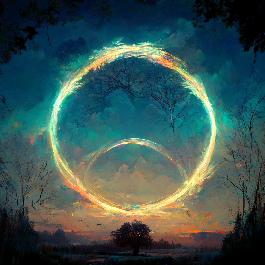 An aurora-like circle containing a second semi-circle in the night sky. It appears otherworldly. Tree branch shapes can be seen within it, seemingly growing in the middle of the sky.