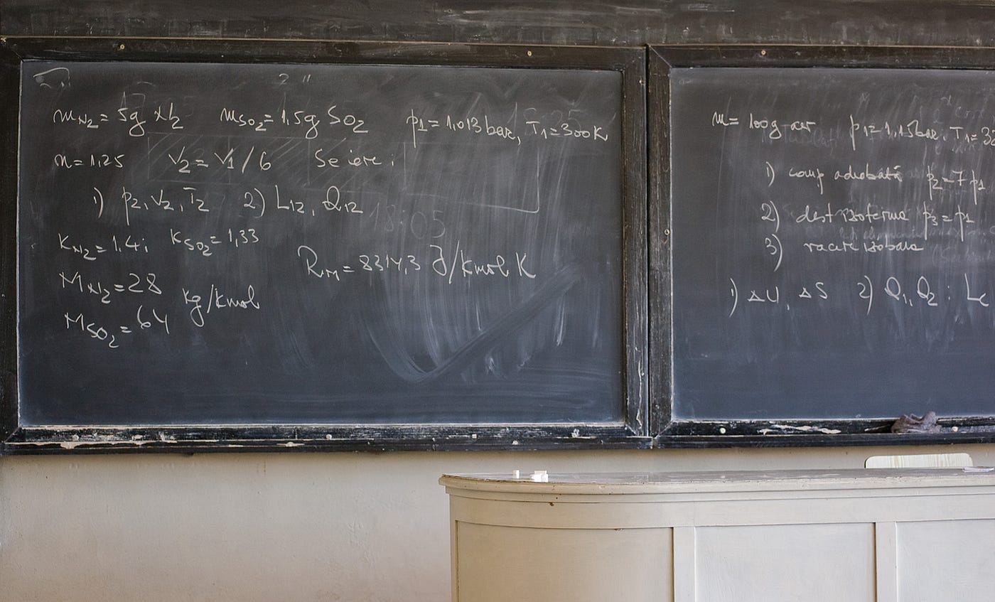 Blackboard with extensive mathematics equations in front of an old desk