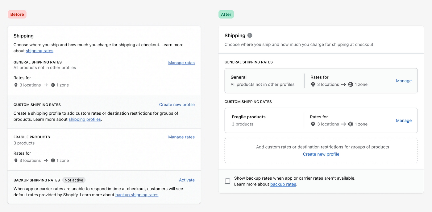 A screenshot of the Shipping settings card, which shows a before and after view of two different visual-design layouts of the same information.