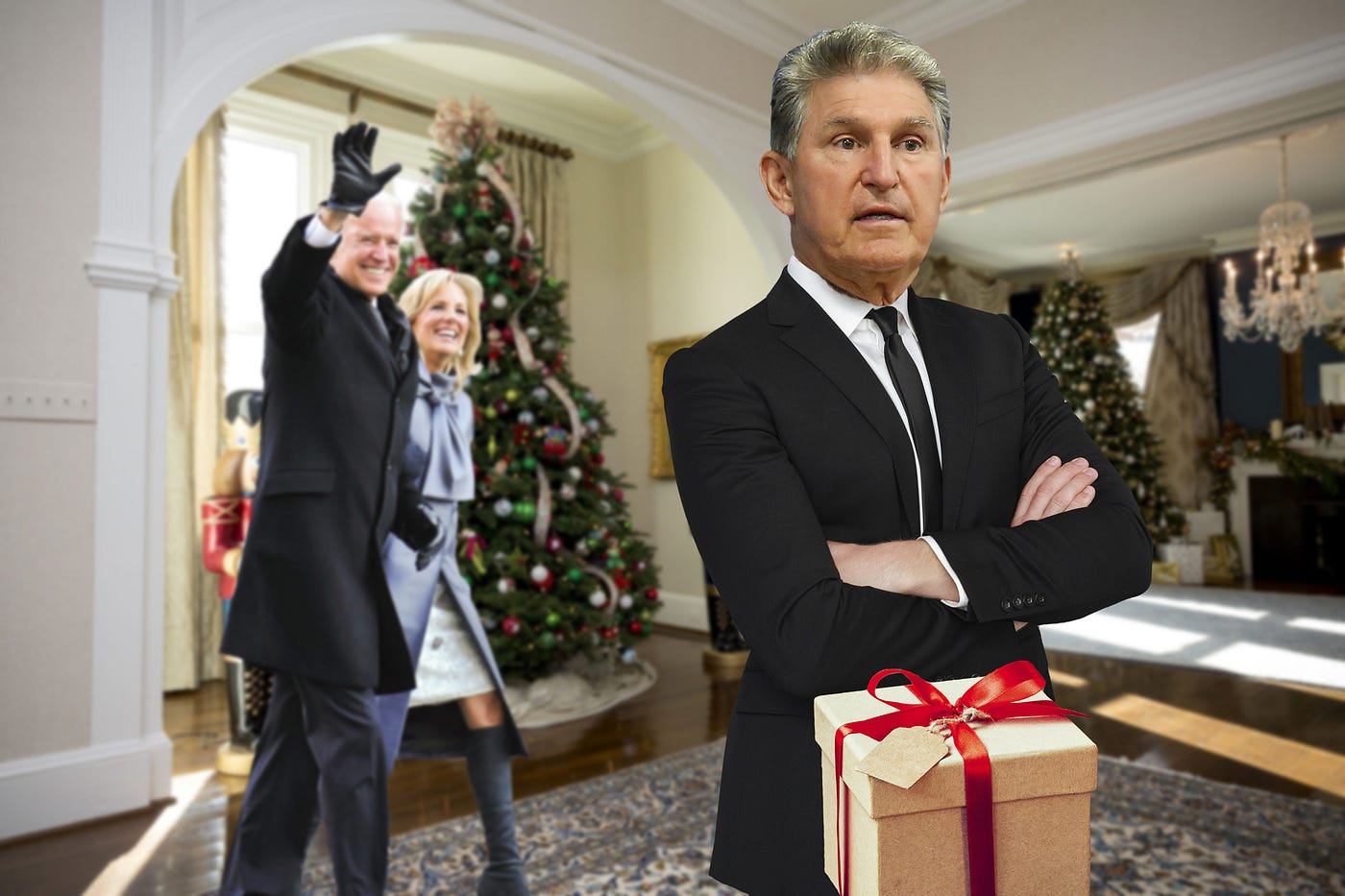 Joe Manchin with gift box attached to waist