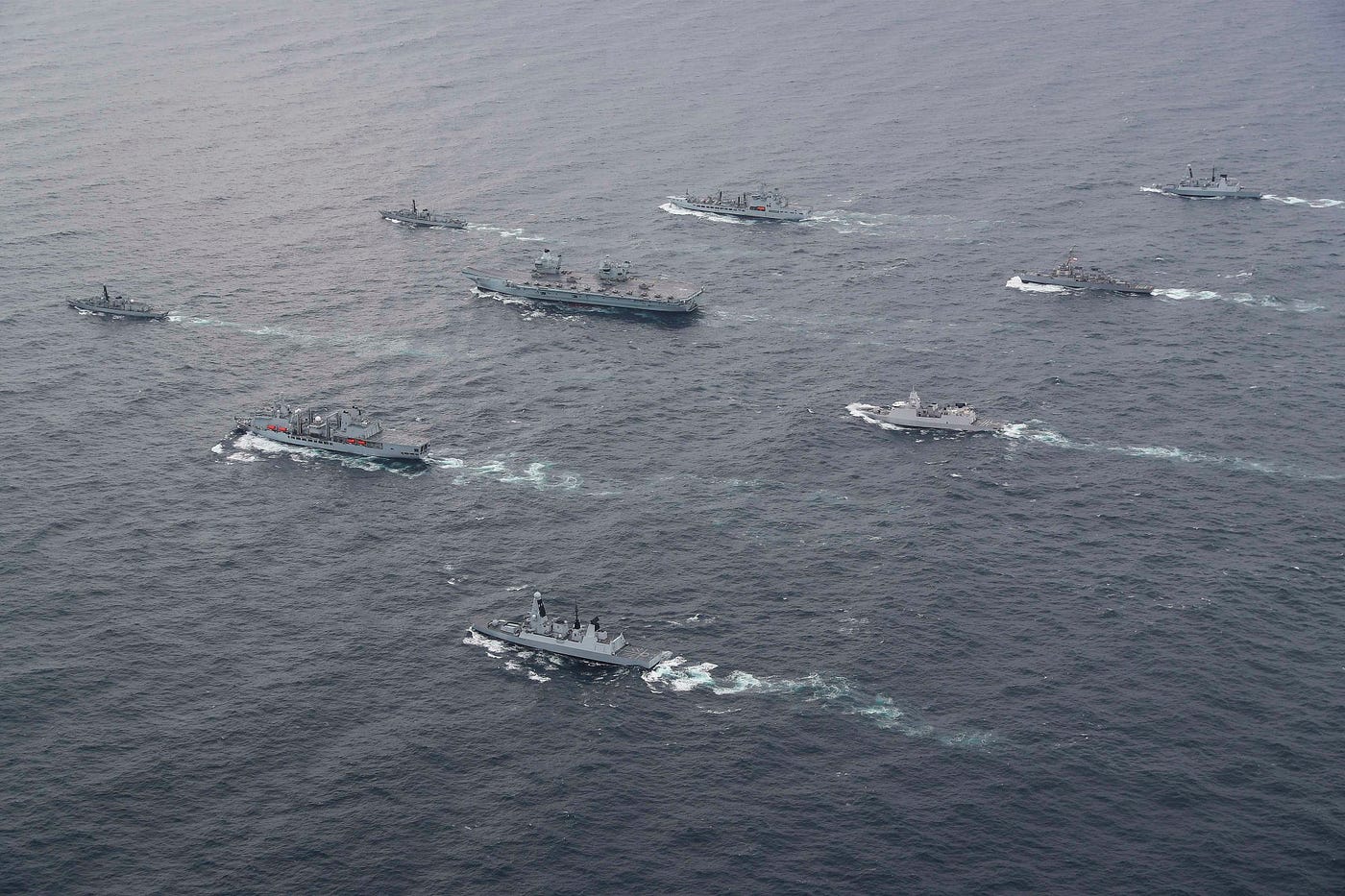 The full United Kingdom (UK) Carrier Strike Group (CSG) assembled at sea
