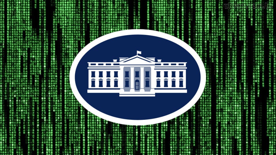 The logo for the White House, superimposed over a Matrix ‘code waterfall’ effect.