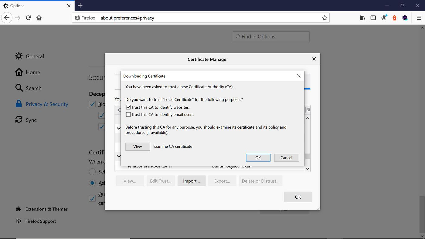 A dialog window with the check "Trust this CA to identify websites" box to download a certificate in Firefox.