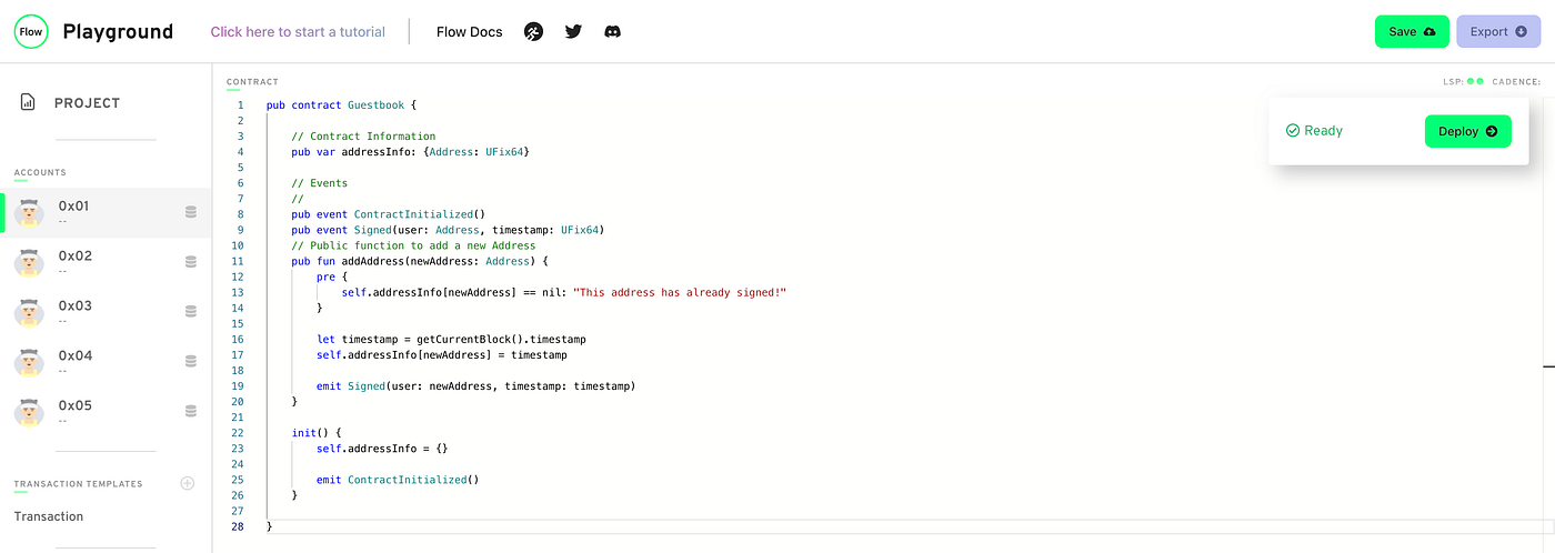 Complete smart contract screenshot from the Flow playground.