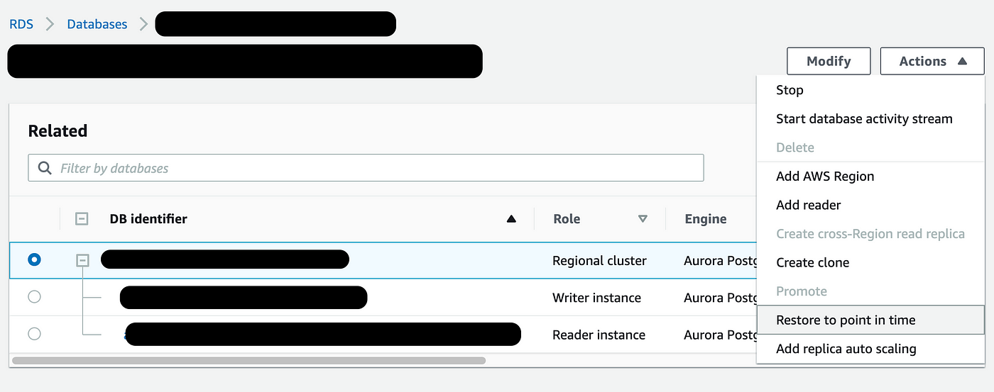 Restore To Point In Time via the AWS Admin Console