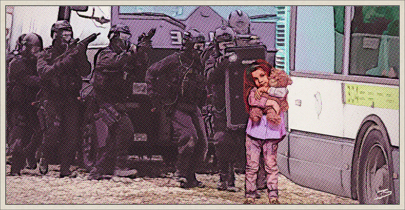 Girl hugs teddy bear as police move in