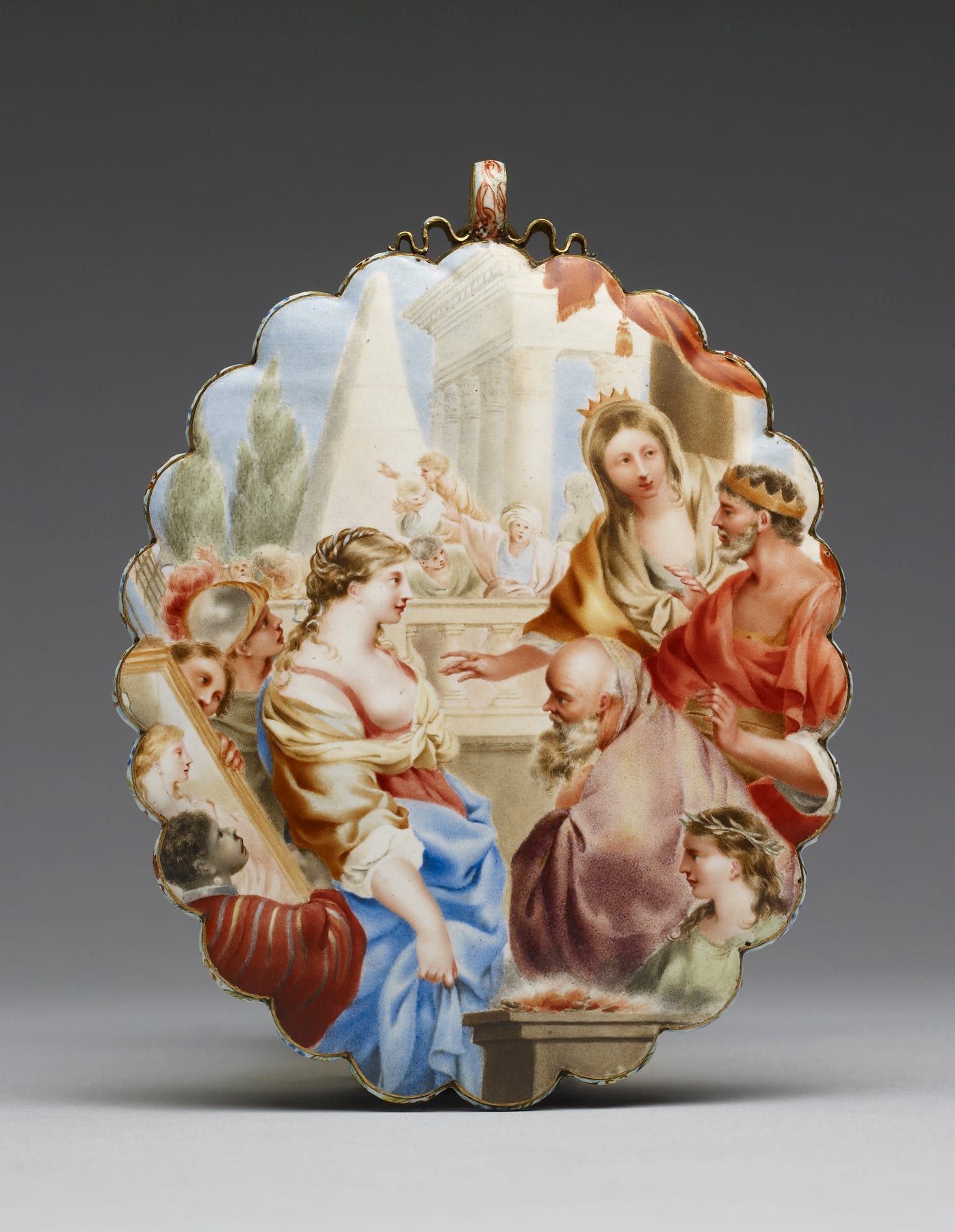 Clariclea, a princess of Ethiopia who was miraculously born white to black parents and abandoned, here returns to Ethiopia and reconciles with her parents. A painted enamel on gold, gilding, mercury-tin amalgam on rock crystal. 1650. Walters Art Museum