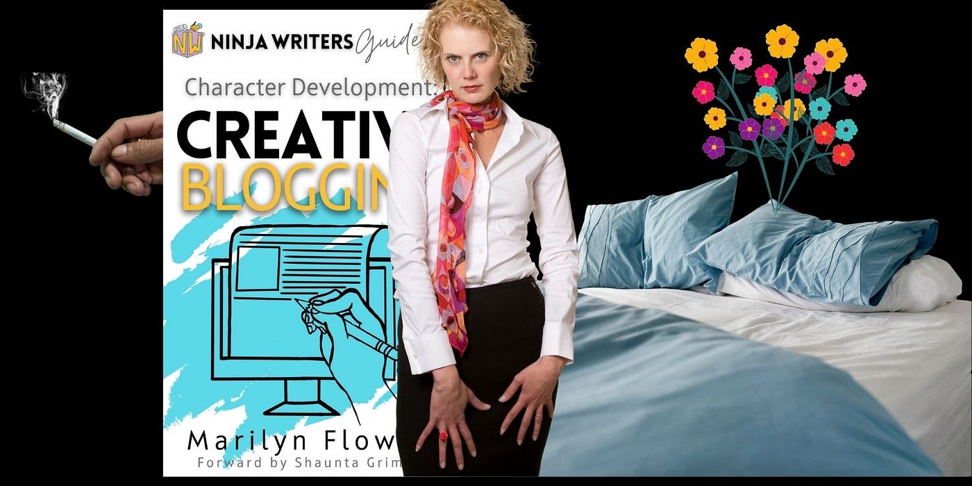 collage of author’s ebook cover, with a hand smoking emerging from the title, next so a woman, standing in front of a bed. Bouquet of flowers pops up from the pillows! Made in Canva.com