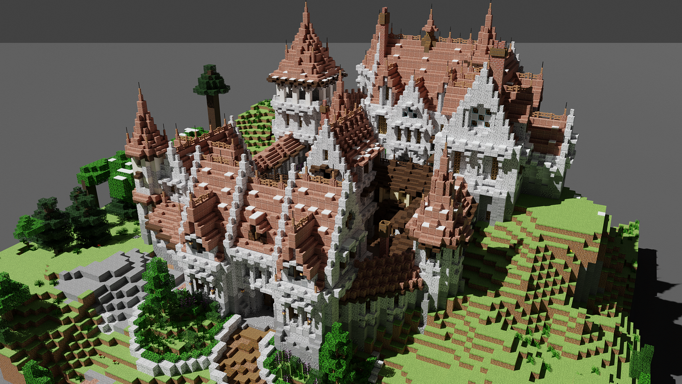 An intricate and detailed medieval castle in Minecraft built ouf of Diorite (white stone) with Granite roofs (red stone).