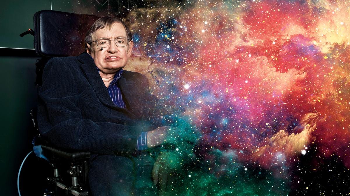 The late Prof. Stephen Hawking fading into a colourful nebula