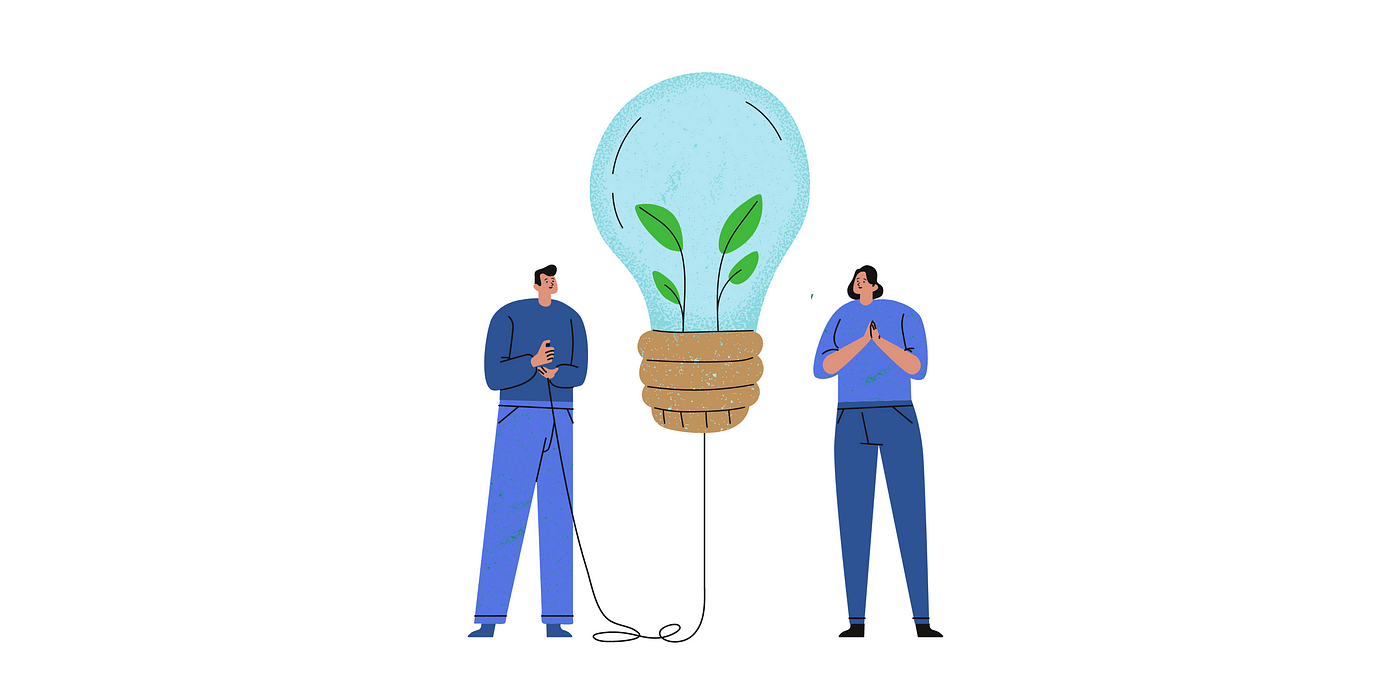 cartoon man and woman switching on a lamp bulb with sprouting plants
