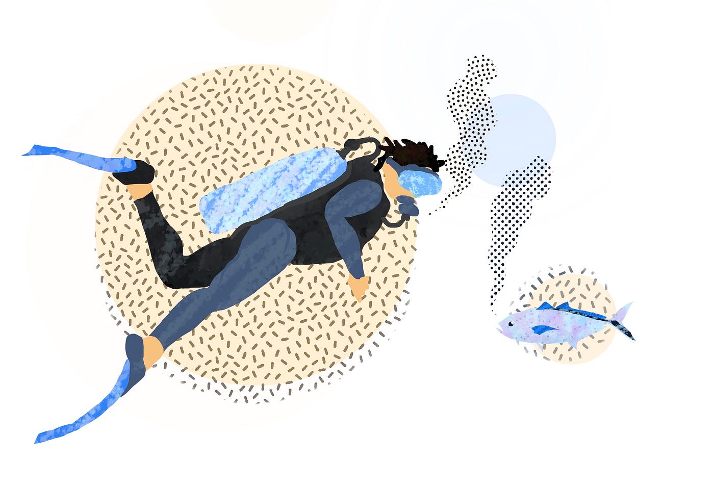 An illustration resembling a papercutting of a scuba diver and a fish, bubbles coming out of each of their mouths.