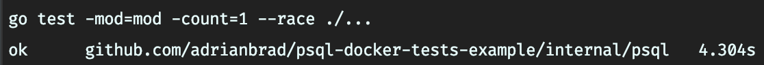 console output of go tests finishing in 4 seconds