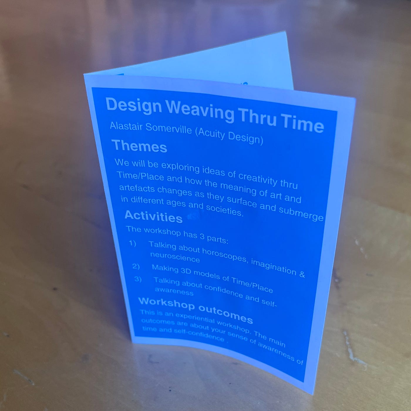 Front of booklet with workshop title, content and outcomes