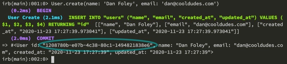 Rails console readout that confirms id is uuid and not an integer