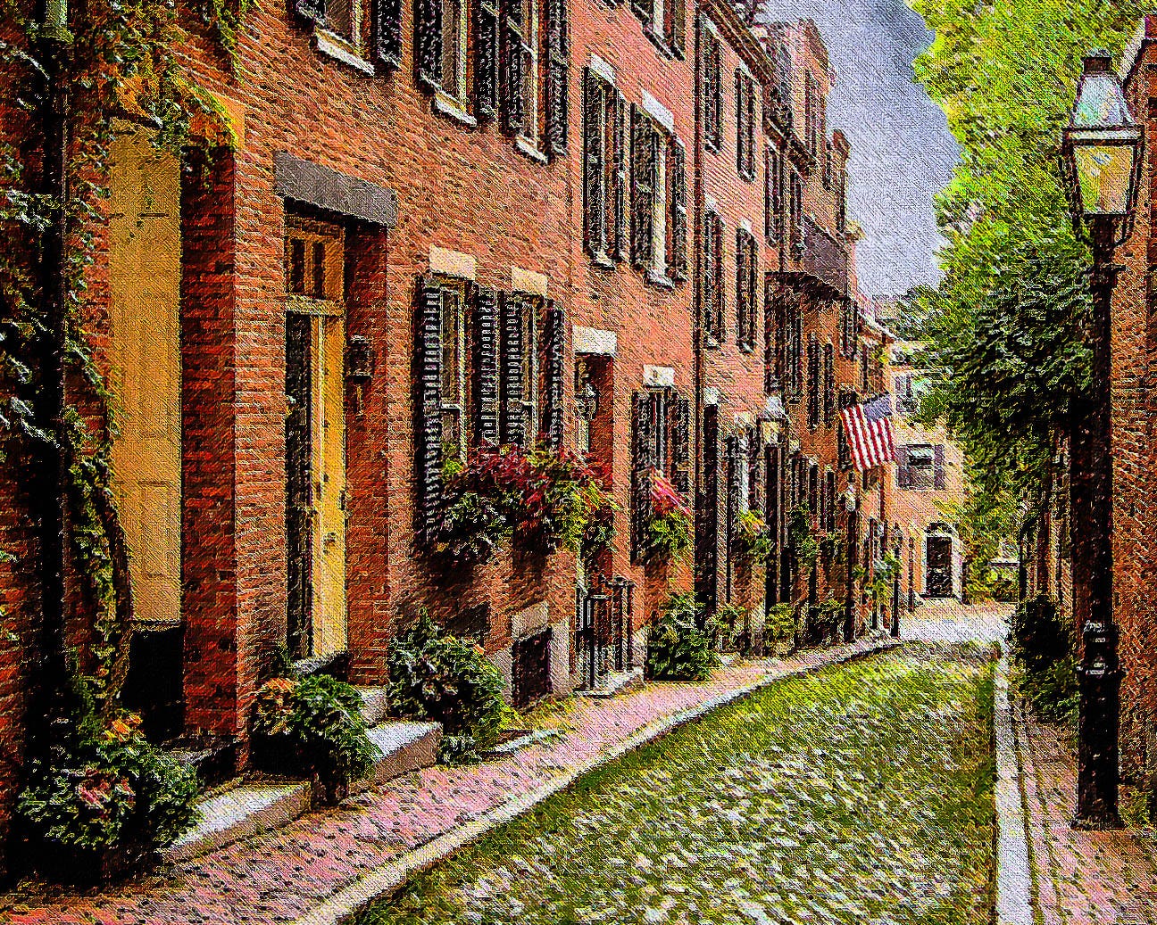 A photograph of Acorn Street in Boston, made to look like a painting on canvas.