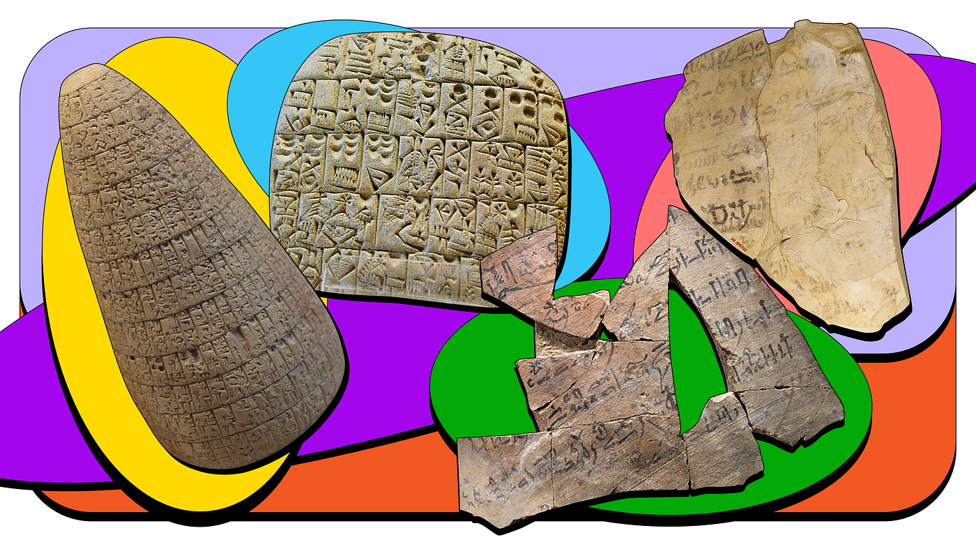 Cropped images of ancient Sumerian cuneiforms and Egyptian hieratics superimposed on shapes of varying colours.