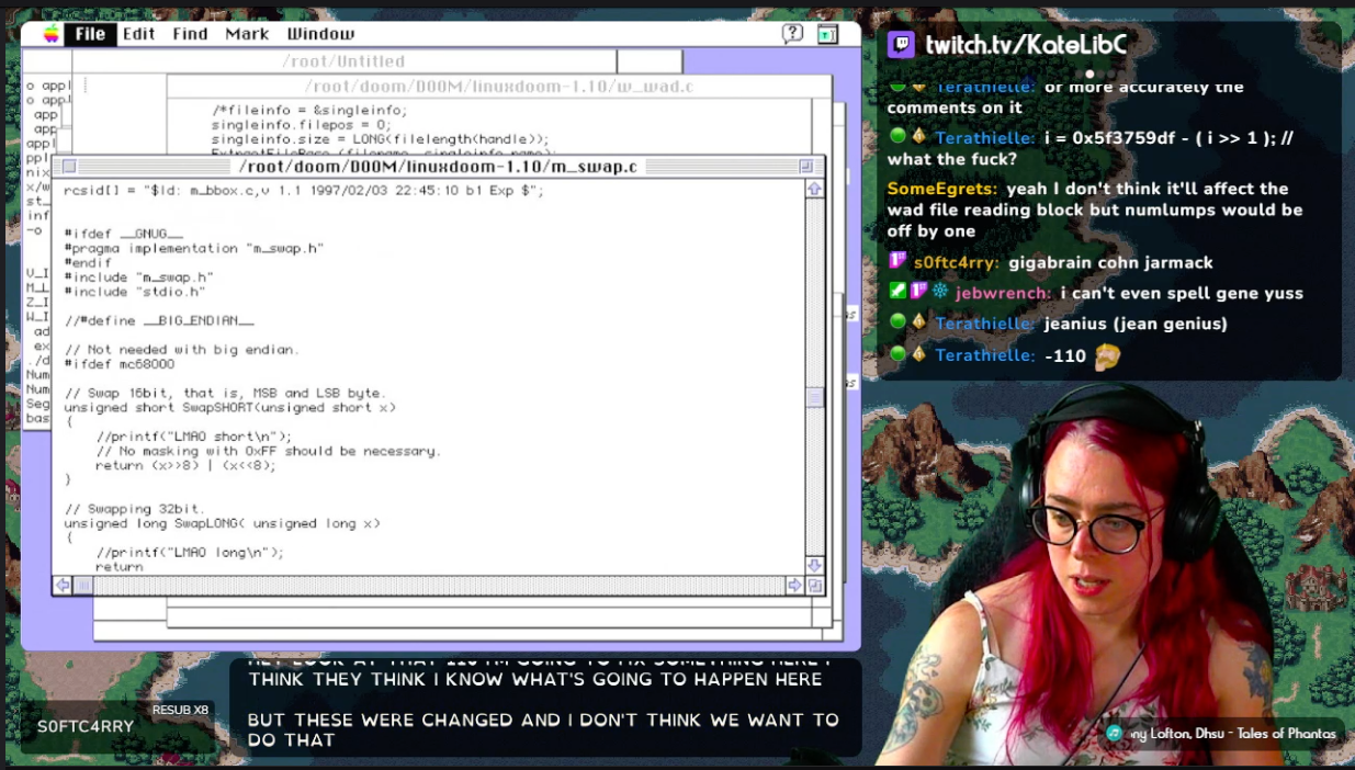 Screenshot of me editing C code on a Twitch stream.