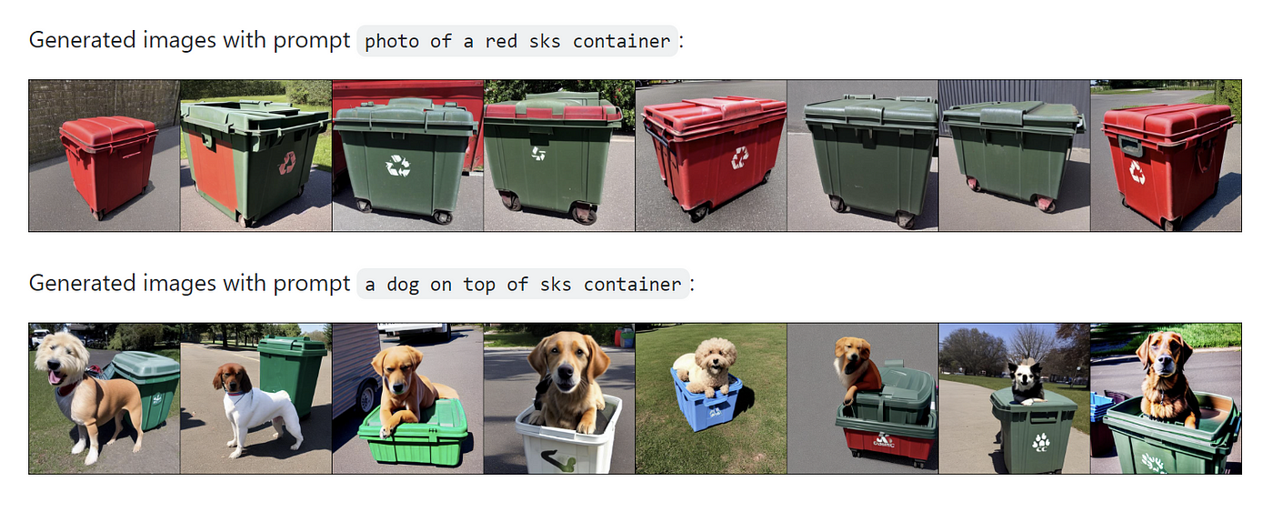 A set of trash bin photos and dog photos all generated by DreamBooth AI and Stable Diffusion AI