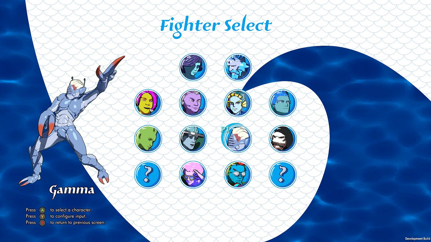 This picture shows the character selection screen of MerFight, with Gamma as the selected character.