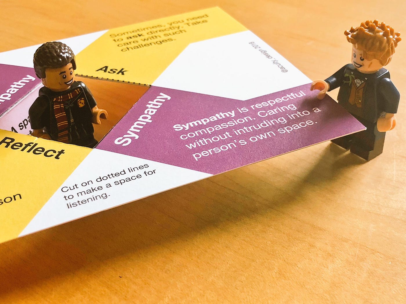 Minifig points at words on card about sympathy being respectful compassion