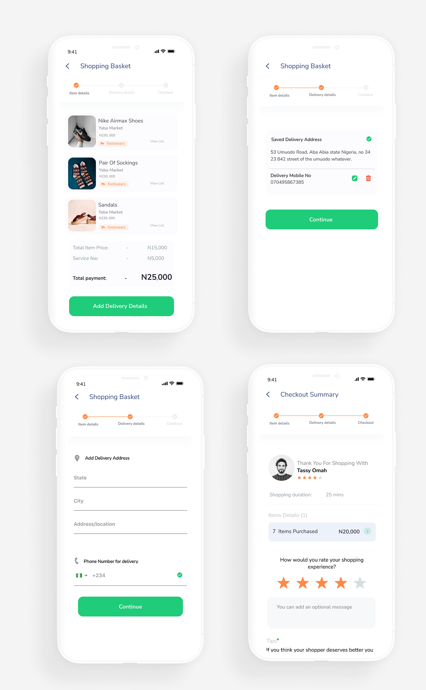 Shopping basket, delivery details and checkout summary flow