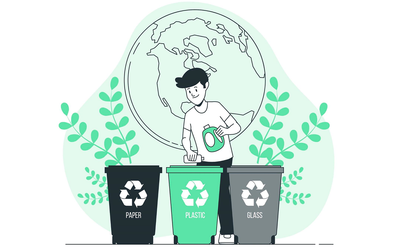 Man recycling plastic bottle with three recycling bins labeled paper, plastic and glass.