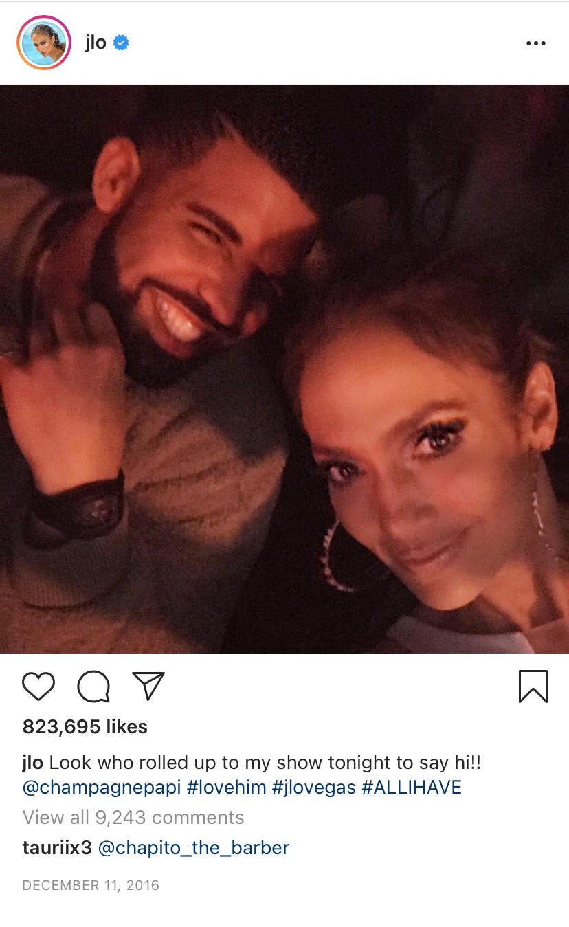 A screenshot of an Instagram selfie-style photo where J.Lo and Drake are both smiling at one of her concerts.