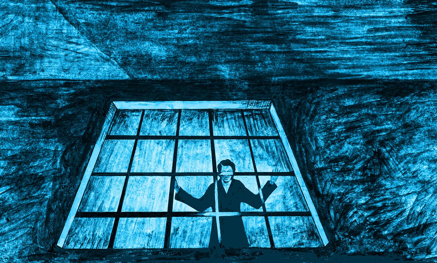 Blue-colored illustration of a person looking out froma prison cell.
