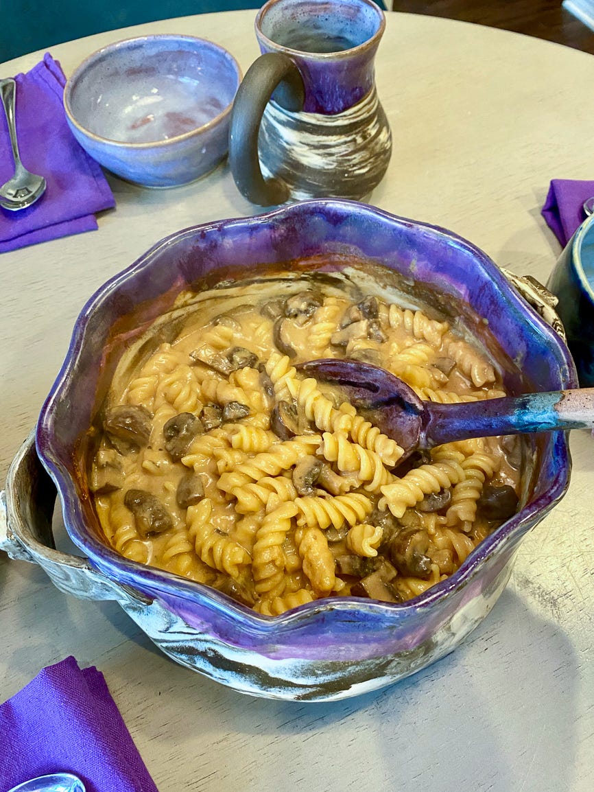Vegan Mushroom Stroganoff in ceramic Casserole Baker— RachelleEason.com