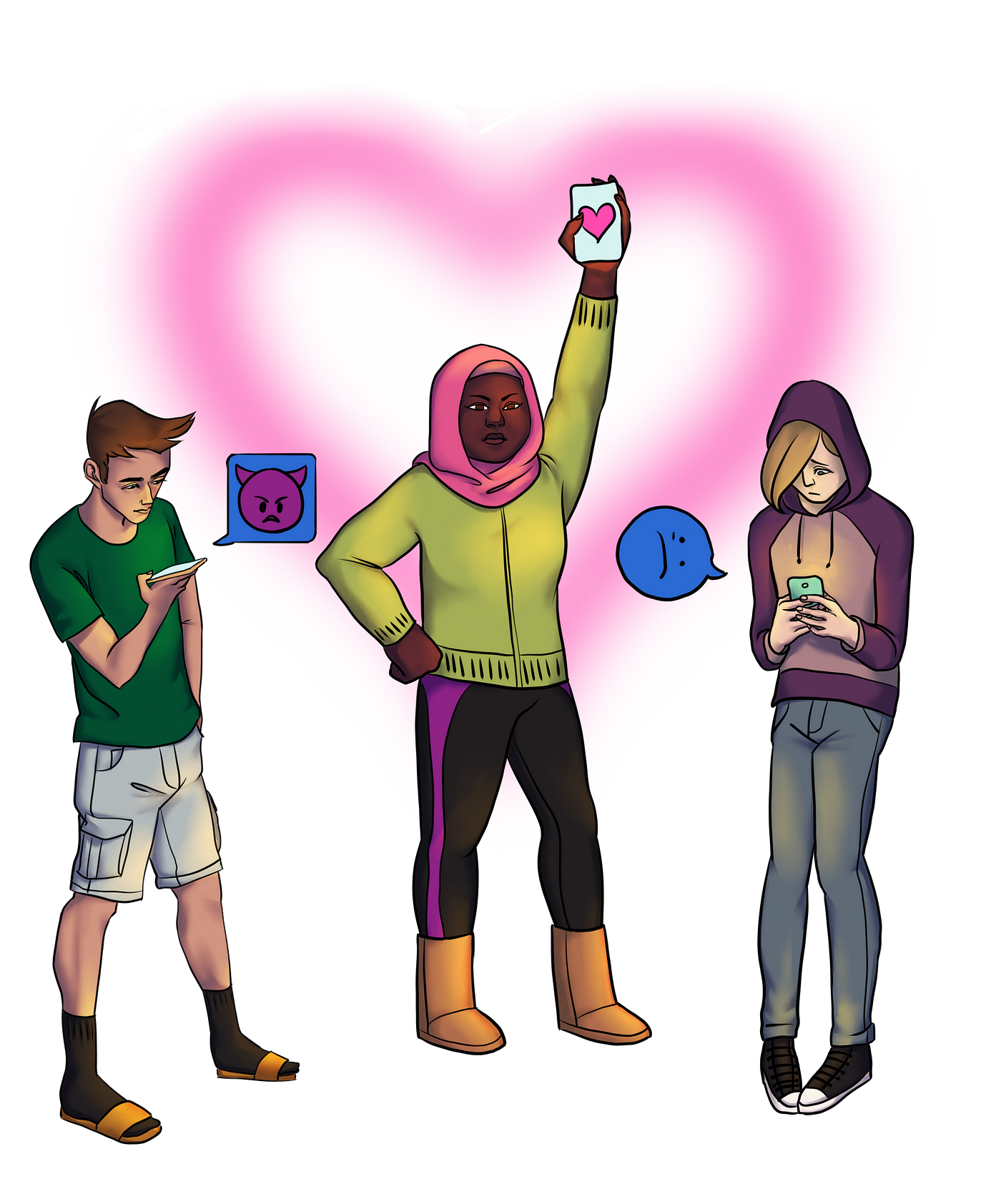 Illustration of three young people on mobile phones