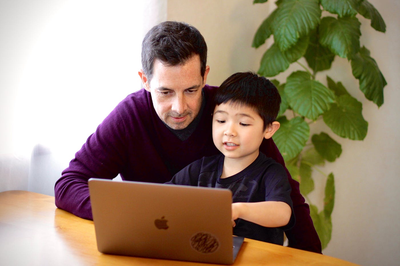 Father and son work together on a laptop computer at the dining table.