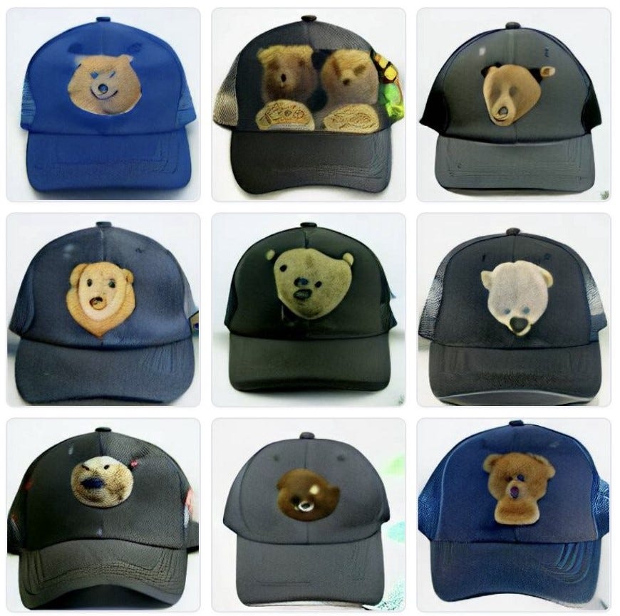 Multiple images of caps with warped pictures of bears on the front made on DALL-E Mini