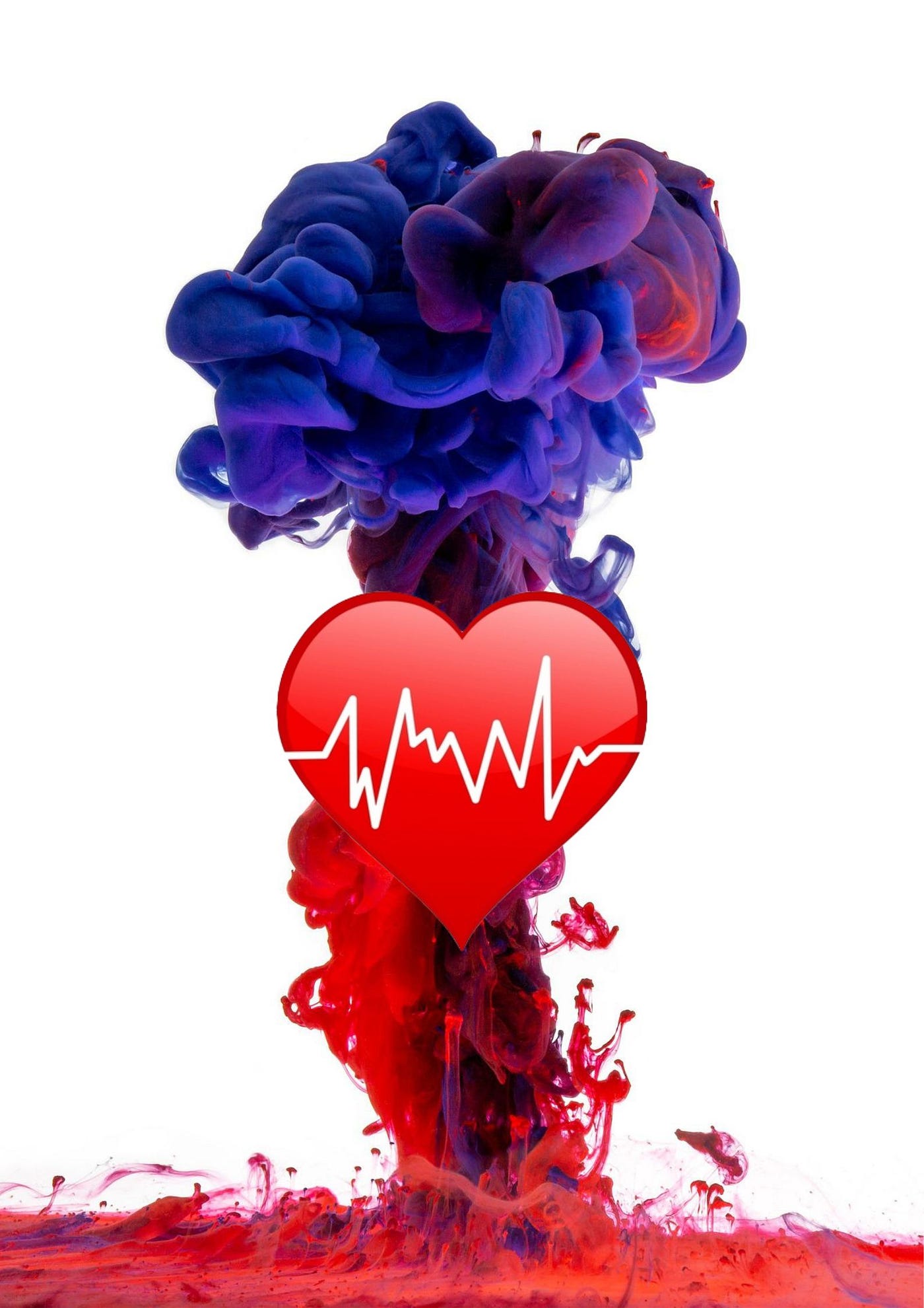 A red heart with irregular, white zigzags across the centre. Behind it is a thick, bubbling, red and purple plume.