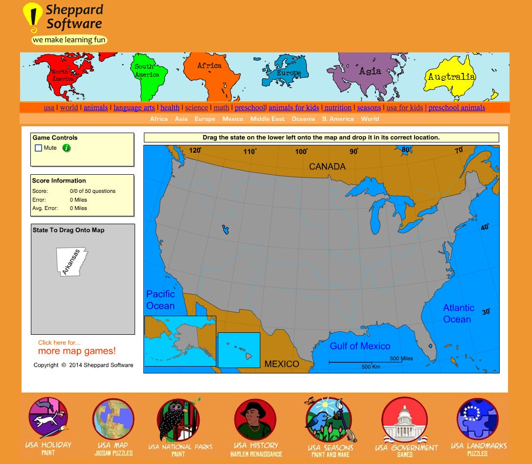 Snapshot of a game from http://www.sheppardsoftware.com/USA_Geography/USA_G2_1024.html