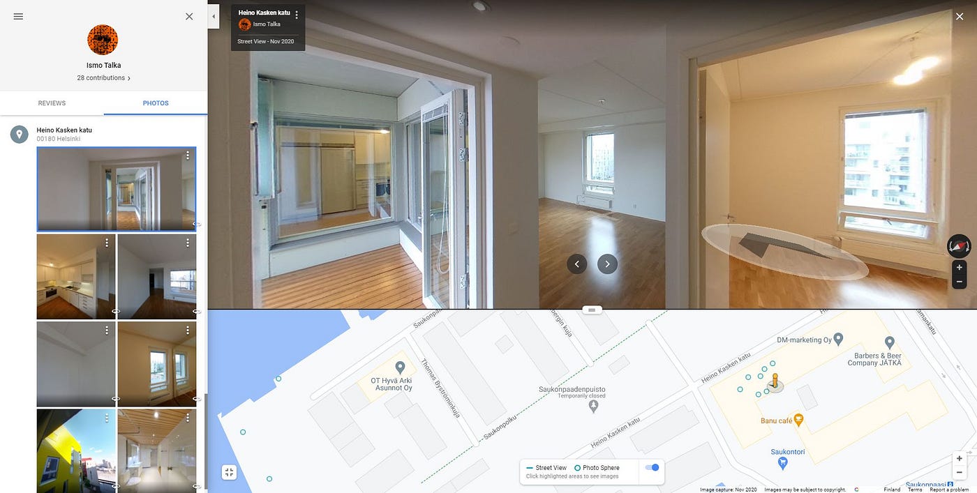 Kuva: Google Street View näkymä tietokoneella, pienet pallot karttanäkymässä ovat kuvauskohtia.