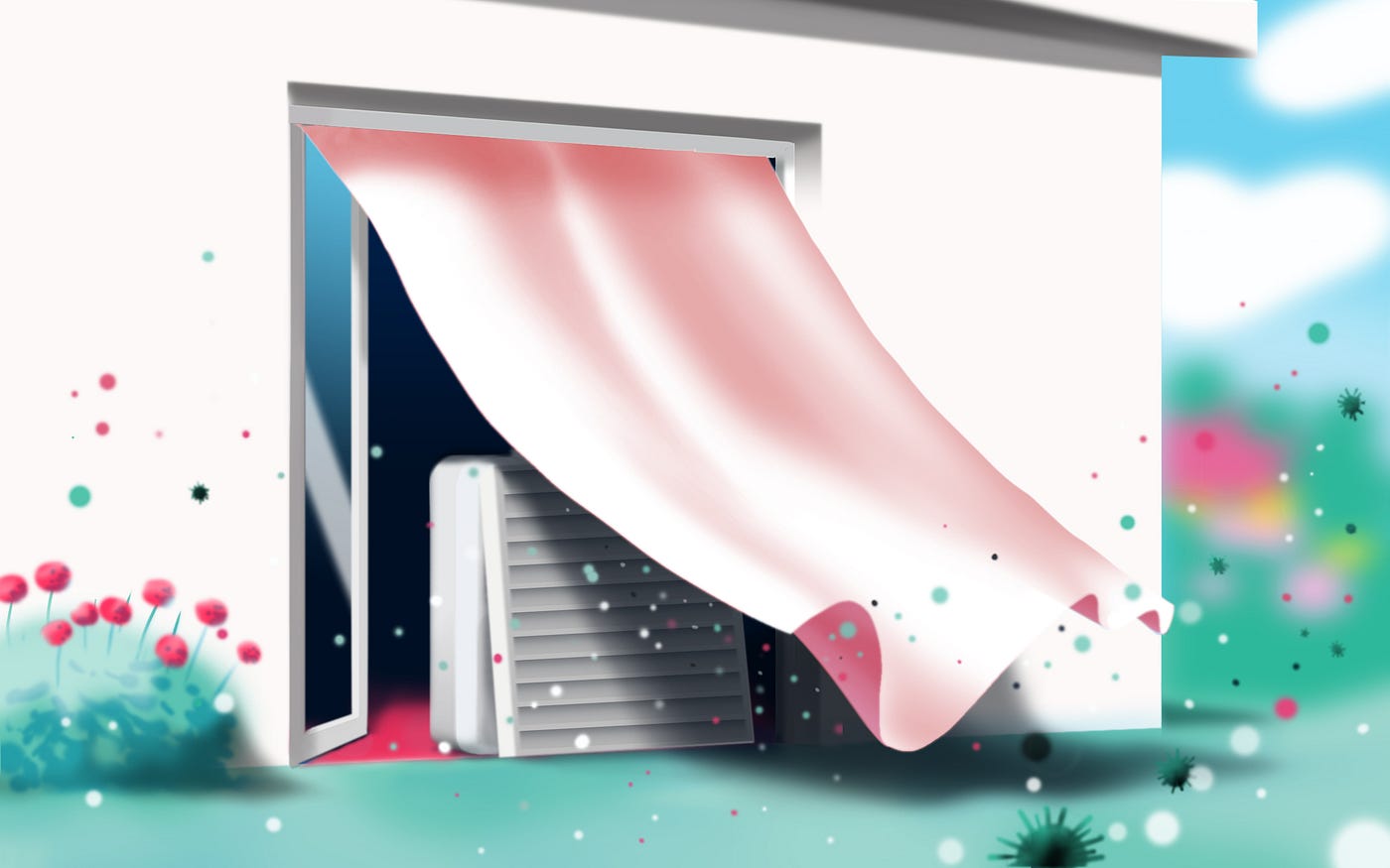 Illustration of a box fan placed by a door blowing air outdoors.
